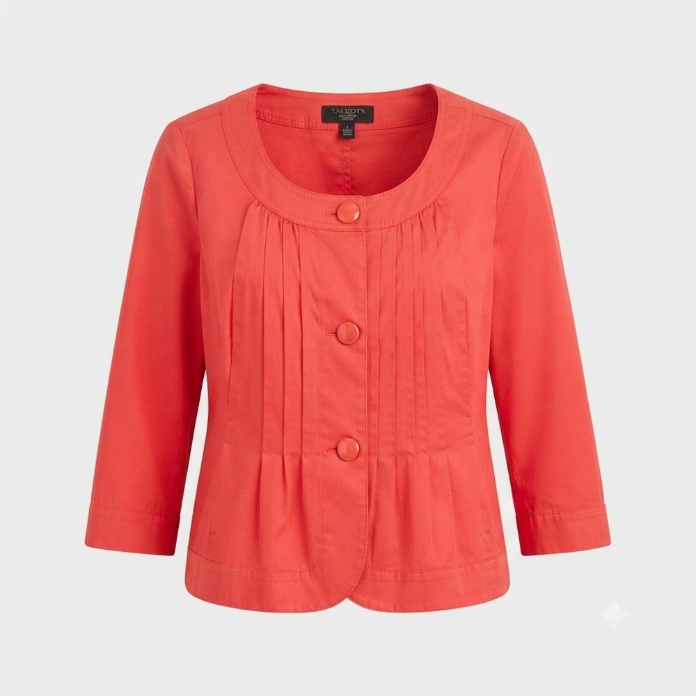 Talbots Blazer Jacket Womens 12P Coral Pleated Front 3/4 Sleeve Button